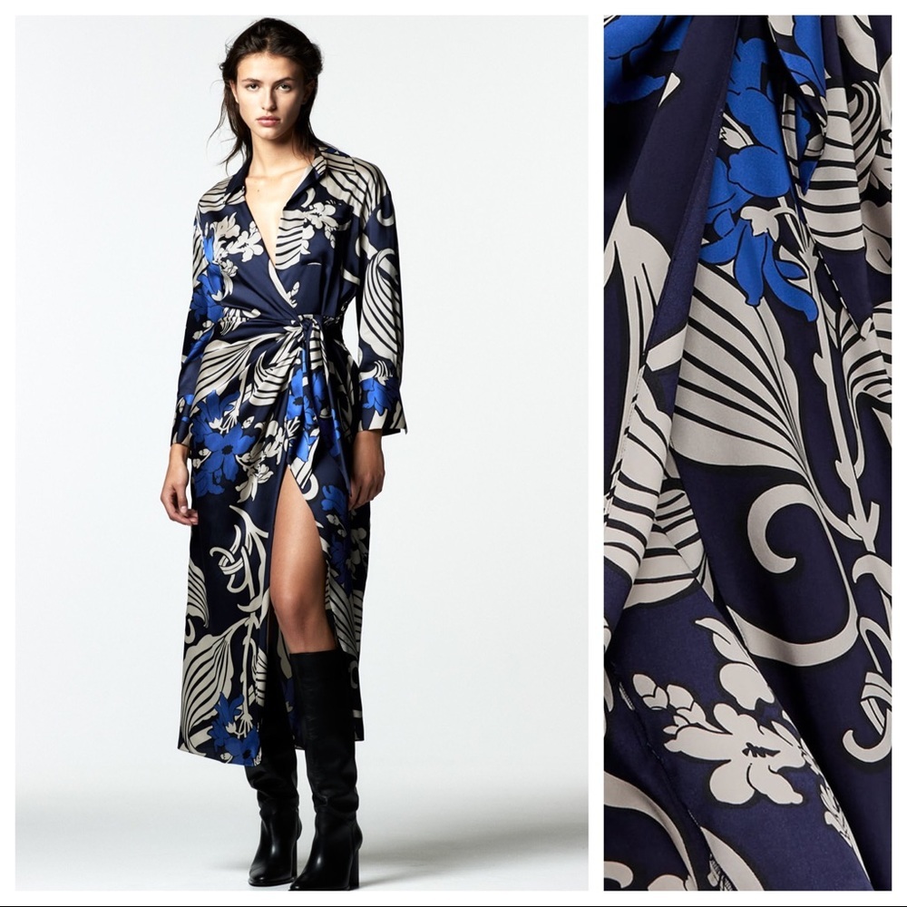 Zara Blue and Black Floral Midi Dress